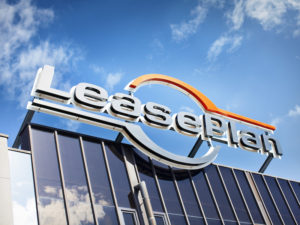 LeasePlan logo over building